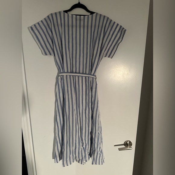 Pocket Front Blue and White Stripe Button Up Belted Dress - Picture 5 of 7